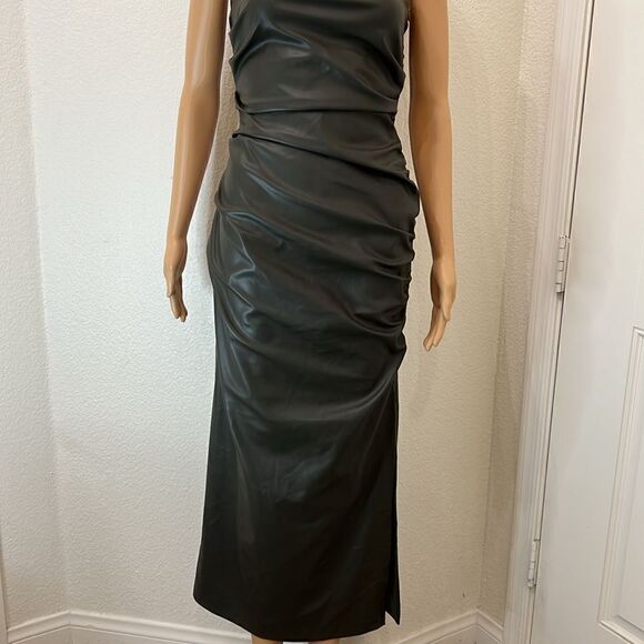 Zara Dress Small Green Leather Effect Strapless Bandeau Ruched Bodycon Tube Top - Picture 6 of 14